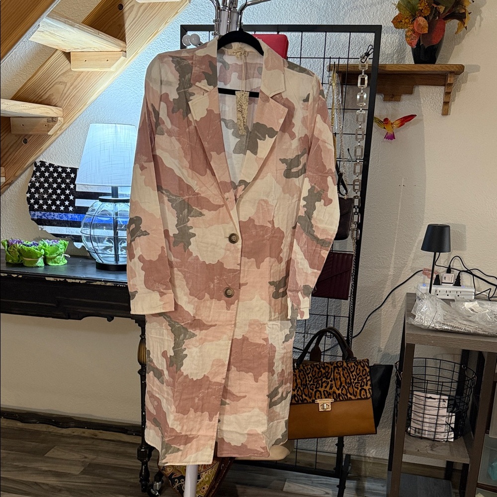Mystree Pink Camo Longline Blazer Jacket Size Medium 100% Cotton